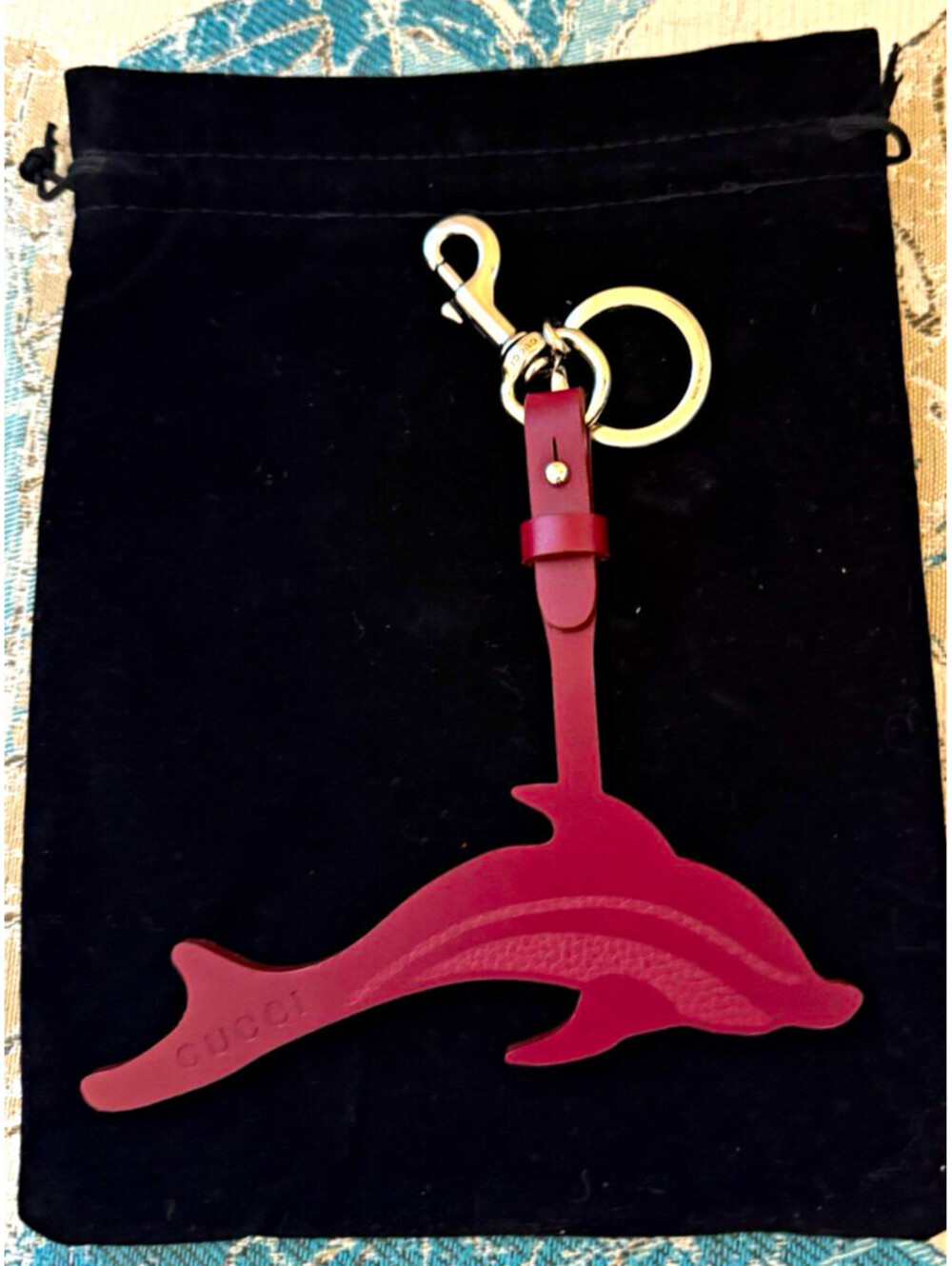 Gucci Dolphin Leather Keyring Detachable Logo Burgundy/Silver Made in Italy